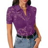 image:imageLYANER Womens Lace Tops Button Up Sexy Short Sleeve Shirt Dressy Casual Sheer Top Collared BlousePurple