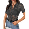 image:imageLYANER Womens Lace Tops Button Up Sexy Short Sleeve Shirt Dressy Casual Sheer Top Collared BlouseSolid Deep Grey