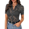 image:imageLYANER Womens Lace Tops Button Up Sexy Short Sleeve Shirt Dressy Casual Sheer Top Collared BlouseSolid Deep Grey
