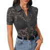 image:imageLYANER Womens Lace Tops Button Up Sexy Short Sleeve Shirt Dressy Casual Sheer Top Collared BlouseSolid Deep Grey