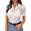 image:imageLYANER Womens Lace Tops Button Up Sexy Short Sleeve Shirt Dressy Casual Sheer Top Collared BlouseSolid White