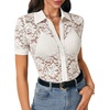 image:imageLYANER Womens Lace Tops Button Up Sexy Short Sleeve Shirt Dressy Casual Sheer Top Collared BlouseSolid White