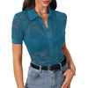 image:imageLYANER Womens Lace Tops Button Up Sexy Short Sleeve Shirt Dressy Casual Sheer Top Collared BlouseTeal