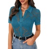 image:imageLYANER Womens Lace Tops Button Up Sexy Short Sleeve Shirt Dressy Casual Sheer Top Collared BlouseTeal