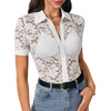 image:imageLYANER Womens Lace Tops Button Up Sexy Short Sleeve Shirt Dressy Casual Sheer Top Collared BlouseWhite