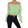 image:imageLYANER Womens Off Shoulder Floral Mesh Long Sleeve Ruffle Trim Crop Blouse TopLight Green