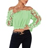 image:imageLYANER Womens Off Shoulder Floral Mesh Long Sleeve Ruffle Trim Crop Blouse TopLight Green