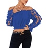 image:imageLYANER Womens Off Shoulder Floral Mesh Long Sleeve Ruffle Trim Crop Blouse TopRoyal Blue