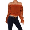 image:imageLYANER Womens Off Shoulder Floral Mesh Long Sleeve Ruffle Trim Crop Blouse TopRust Red