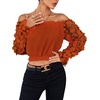 image:imageLYANER Womens Off Shoulder Floral Mesh Long Sleeve Ruffle Trim Crop Blouse TopRust Red