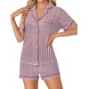 image:imageLYANER Womens Pajama Sets Striped Button Down Pj Set Sleepwear Shirt and Shorts LoungewearRed