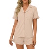 image:imageLYANER Womens Pajamas Set Button Down V Neck Short Sleeve Ruffle Pjs Top with Shorts SleepwearBeige