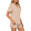 image:imageLYANER Womens Pajamas Set Button Down V Neck Short Sleeve Ruffle Pjs Top with Shorts SleepwearBeige