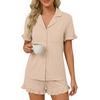 image:imageLYANER Womens Pajamas Set Button Down V Neck Short Sleeve Ruffle Pjs Top with Shorts SleepwearBeige