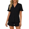 image:imageLYANER Womens Pajamas Set Button Down V Neck Short Sleeve Ruffle Pjs Top with Shorts SleepwearBlack