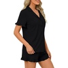 image:imageLYANER Womens Pajamas Set Button Down V Neck Short Sleeve Ruffle Pjs Top with Shorts SleepwearBlack
