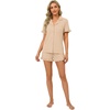 image:imageLYANER Womens Pajamas Set Button Down V Neck Short Sleeve Ruffle Pjs Top with Shorts SleepwearDark Beige
