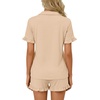 image:imageLYANER Womens Pajamas Set Button Down V Neck Short Sleeve Ruffle Pjs Top with Shorts SleepwearDark Beige