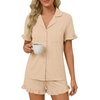 image:imageLYANER Womens Pajamas Set Button Down V Neck Short Sleeve Ruffle Pjs Top with Shorts SleepwearDark Beige