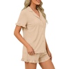 image:imageLYANER Womens Pajamas Set Button Down V Neck Short Sleeve Ruffle Pjs Top with Shorts SleepwearDark Beige
