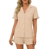 image:imageLYANER Womens Pajamas Set Button Down V Neck Short Sleeve Ruffle Pjs Top with Shorts SleepwearDark Beige
