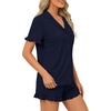 image:imageLYANER Womens Pajamas Set Button Down V Neck Short Sleeve Ruffle Pjs Top with Shorts SleepwearDark Blue