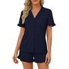 image:imageLYANER Womens Pajamas Set Button Down V Neck Short Sleeve Ruffle Pjs Top with Shorts SleepwearDark Blue