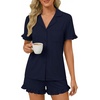 image:imageLYANER Womens Pajamas Set Button Down V Neck Short Sleeve Ruffle Pjs Top with Shorts SleepwearDark Blue
