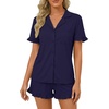 image:imageLYANER Womens Pajamas Set Button Down V Neck Short Sleeve Ruffle Pjs Top with Shorts SleepwearNavy Blue