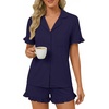 image:imageLYANER Womens Pajamas Set Button Down V Neck Short Sleeve Ruffle Pjs Top with Shorts SleepwearNavy Blue