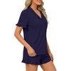 image:imageLYANER Womens Pajamas Set Button Down V Neck Short Sleeve Ruffle Pjs Top with Shorts SleepwearNavy Blue