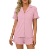 image:imageLYANER Womens Pajamas Set Button Down V Neck Short Sleeve Ruffle Pjs Top with Shorts SleepwearPink
