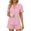 image:imageLYANER Womens Pajamas Set Button Down V Neck Short Sleeve Ruffle Pjs Top with Shorts SleepwearPink