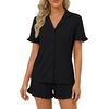 image:imageLYANER Womens Pajamas Set Button Down V Neck Short Sleeve Ruffle Pjs Top with Shorts SleepwearSolid Black