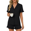 image:imageLYANER Womens Pajamas Set Button Down V Neck Short Sleeve Ruffle Pjs Top with Shorts SleepwearSolid Black