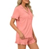 image:imageLYANER Womens Pajamas Set Button Down V Neck Short Sleeve Ruffle Pjs Top with Shorts SleepwearSolid Coral Pink