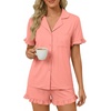 image:imageLYANER Womens Pajamas Set Button Down V Neck Short Sleeve Ruffle Pjs Top with Shorts SleepwearSolid Coral Pink