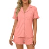 image:imageLYANER Womens Pajamas Set Button Down V Neck Short Sleeve Ruffle Pjs Top with Shorts SleepwearSolid Coral Pink