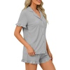 image:imageLYANER Womens Pajamas Set Button Down V Neck Short Sleeve Ruffle Pjs Top with Shorts SleepwearSolid Light Flower Gray