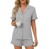 image:imageLYANER Womens Pajamas Set Button Down V Neck Short Sleeve Ruffle Pjs Top with Shorts SleepwearSolid Light Flower Gray