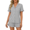 image:imageLYANER Womens Pajamas Set Button Down V Neck Short Sleeve Ruffle Pjs Top with Shorts SleepwearSolid Light Flower Gray