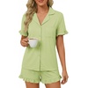 image:imageLYANER Womens Pajamas Set Button Down V Neck Short Sleeve Ruffle Pjs Top with Shorts SleepwearSolid Light Green
