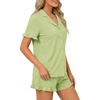 image:imageLYANER Womens Pajamas Set Button Down V Neck Short Sleeve Ruffle Pjs Top with Shorts SleepwearSolid Light Green