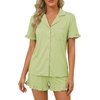 image:imageLYANER Womens Pajamas Set Button Down V Neck Short Sleeve Ruffle Pjs Top with Shorts SleepwearSolid Light Green