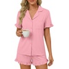 image:imageLYANER Womens Pajamas Set Button Down V Neck Short Sleeve Ruffle Pjs Top with Shorts SleepwearSolid Pink