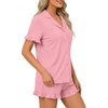 image:imageLYANER Womens Pajamas Set Button Down V Neck Short Sleeve Ruffle Pjs Top with Shorts SleepwearSolid Pink
