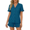 image:imageLYANER Womens Pajamas Set Button Down V Neck Short Sleeve Ruffle Pjs Top with Shorts SleepwearSolid Teal Blue