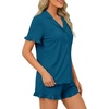 image:imageLYANER Womens Pajamas Set Button Down V Neck Short Sleeve Ruffle Pjs Top with Shorts SleepwearSolid Teal Blue