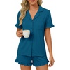 image:imageLYANER Womens Pajamas Set Button Down V Neck Short Sleeve Ruffle Pjs Top with Shorts SleepwearSolid Teal Blue