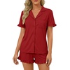 image:imageLYANER Womens Pajamas Set Button Down V Neck Short Sleeve Ruffle Pjs Top with Shorts SleepwearSolid Wine Red